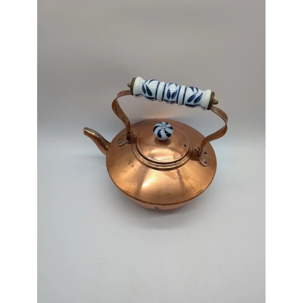 Vtg Douro B&M Copper Teapot Teakettle Cottage Country Farmhouse Ceramic Handle